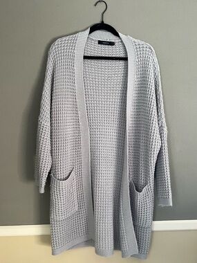 Women’s Light Gray Oversized Long Knit Cardigan Open Front Cozy Chic Medium